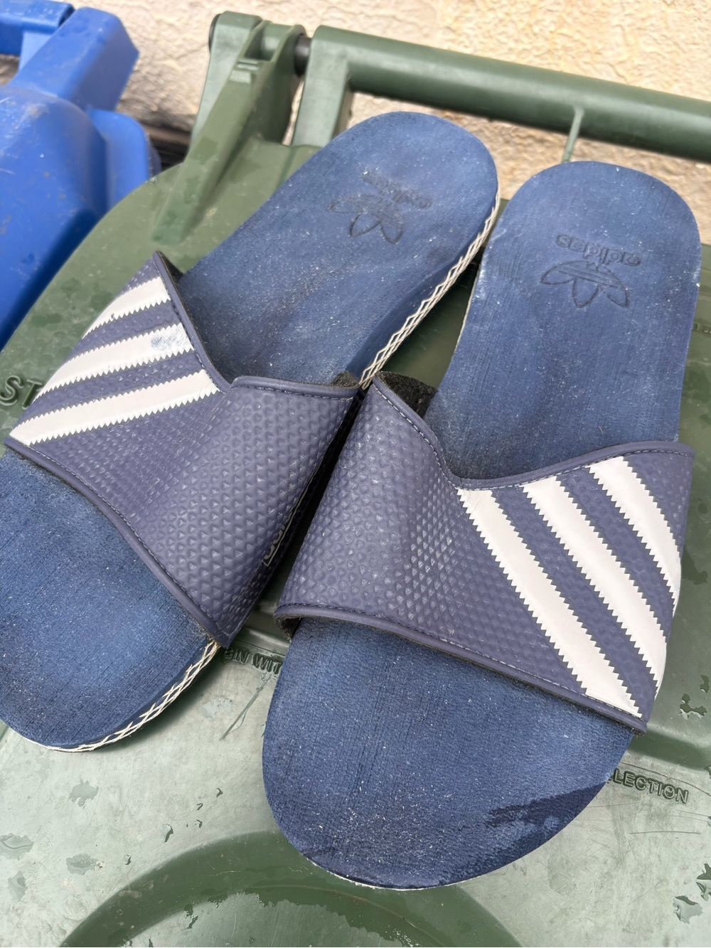 adidas Navy Slide Sandals with White Stripes
